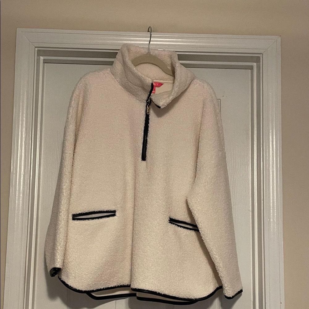 Lilly Pulitzer Never Worn Cream Fleece Pullover w/ Faux  Black Leather Trim